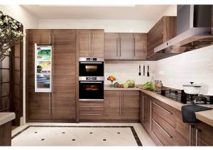 کابینت قهوه ای های گلاس مدرن با طراحی ال شکل
