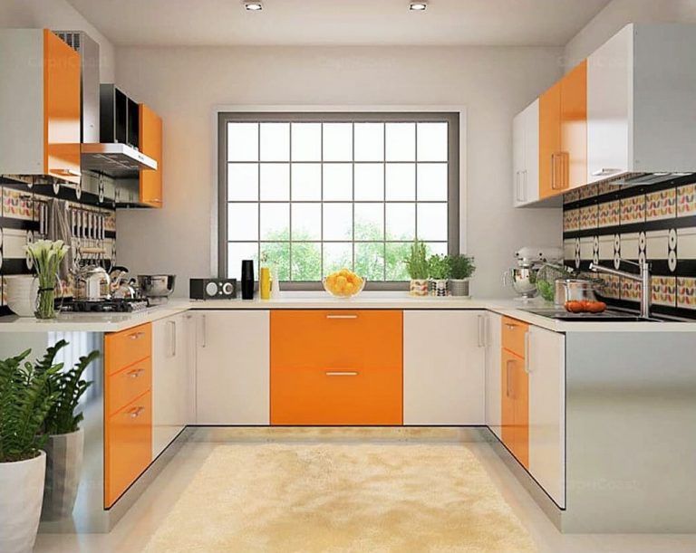 استفاده از کابینت رنگی در آشپزخانه یو شکل
