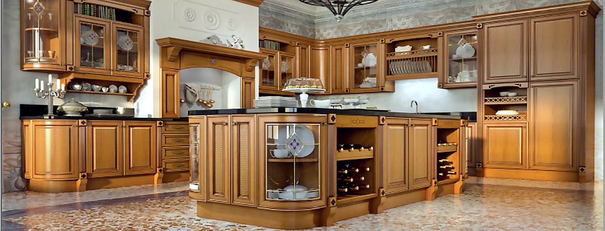 آشپزخانه دیزاین شده با کابینت تمام چوب کلاسیک