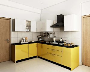 کابینت ال شکل زرد و سفید زیبا