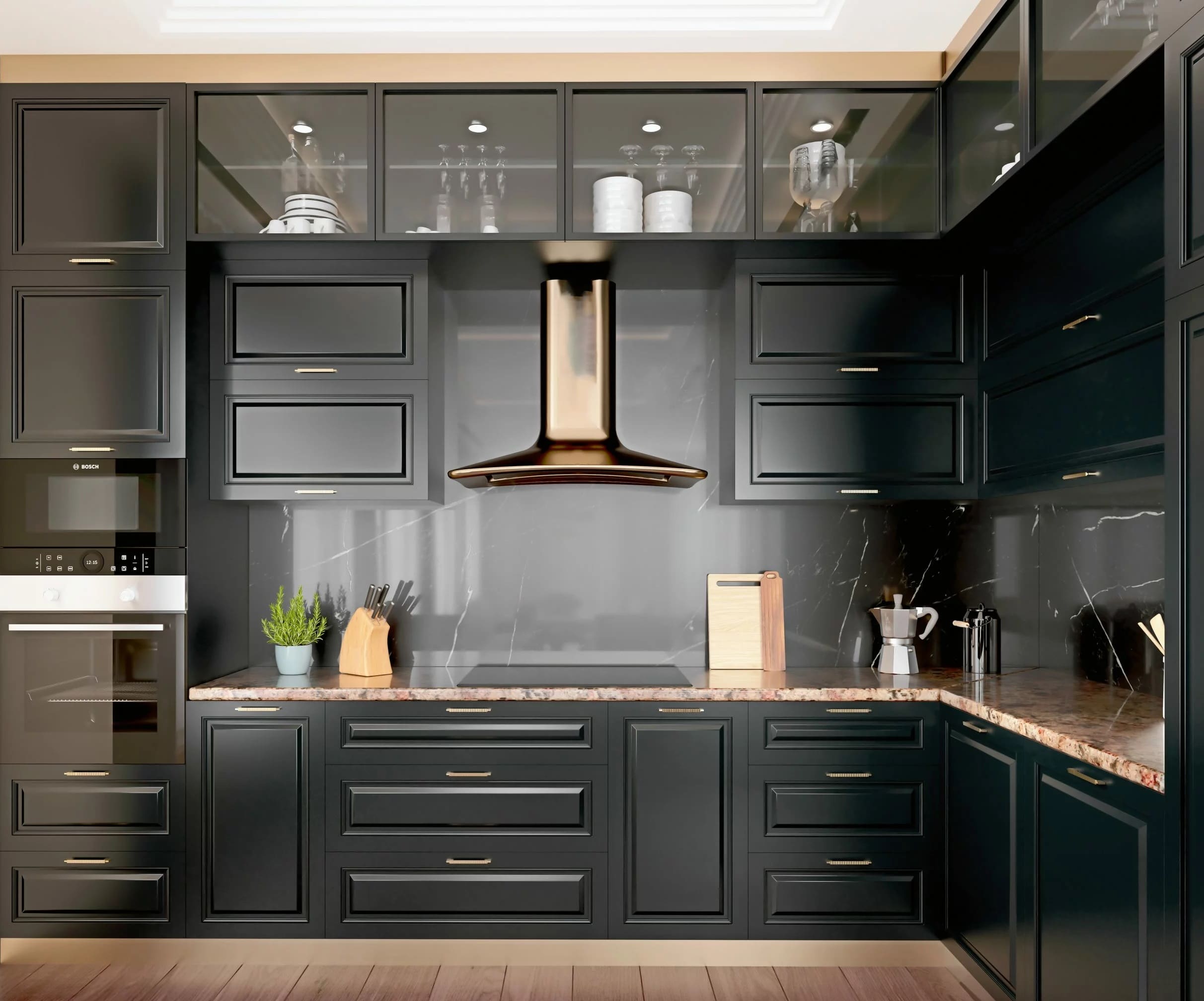 رنگ تیره با جزئیات روشن برای کابینت آشپزخانه کوچک
