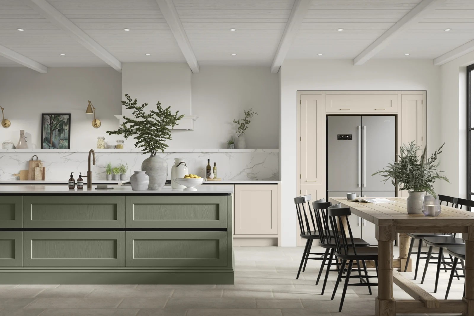 رنگ سبز تیره و سفید برای کابینت بزرگ آشپزخانه