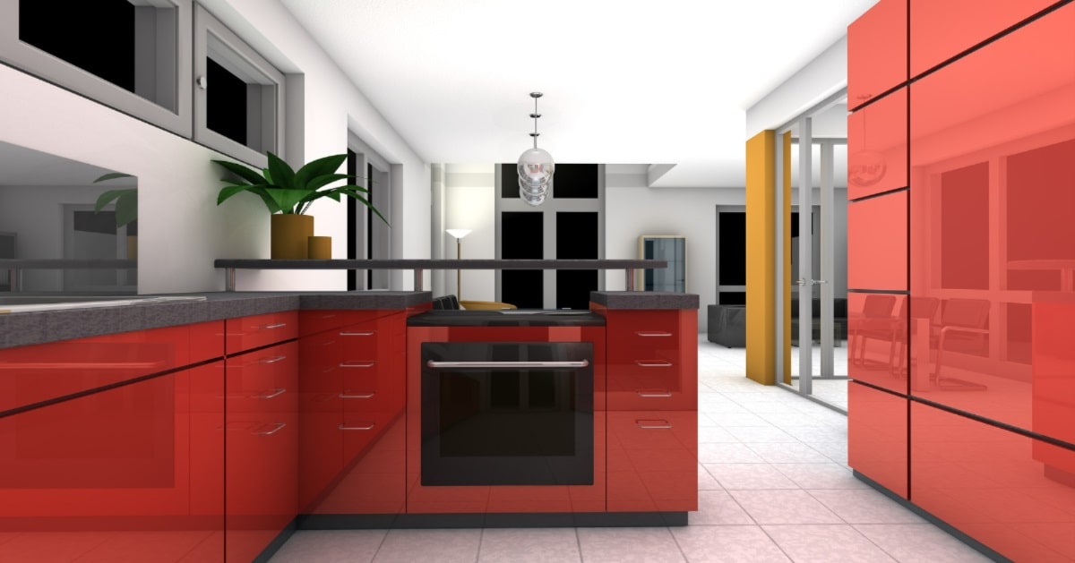 رنگ قرمز برای کابینت بزرگ آشپزخانه به سبک مدرن