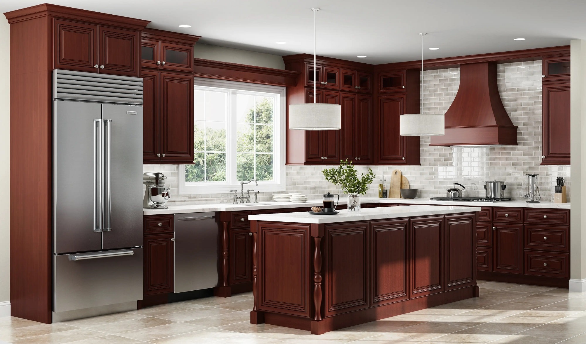 رنگ قرمز تلخ برای کابینت بزرگ آشپزخانه به سبک کلاسیک