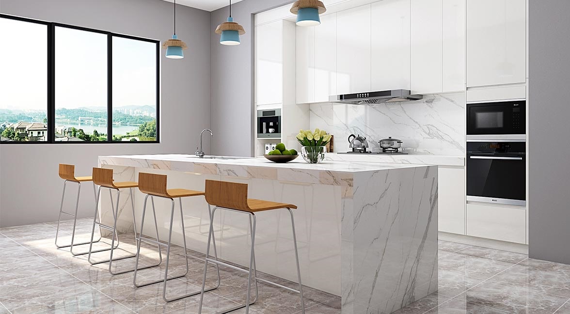 کابینت های گلاس سفید آشپزخانه بزرگ سبک مدرن