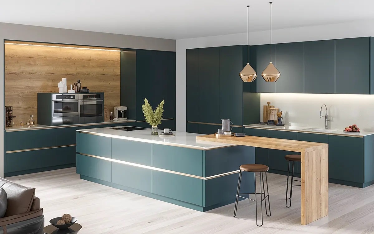 کابینت سبز آبی زیبا آشپزخانه بزرگ سبک مدرن