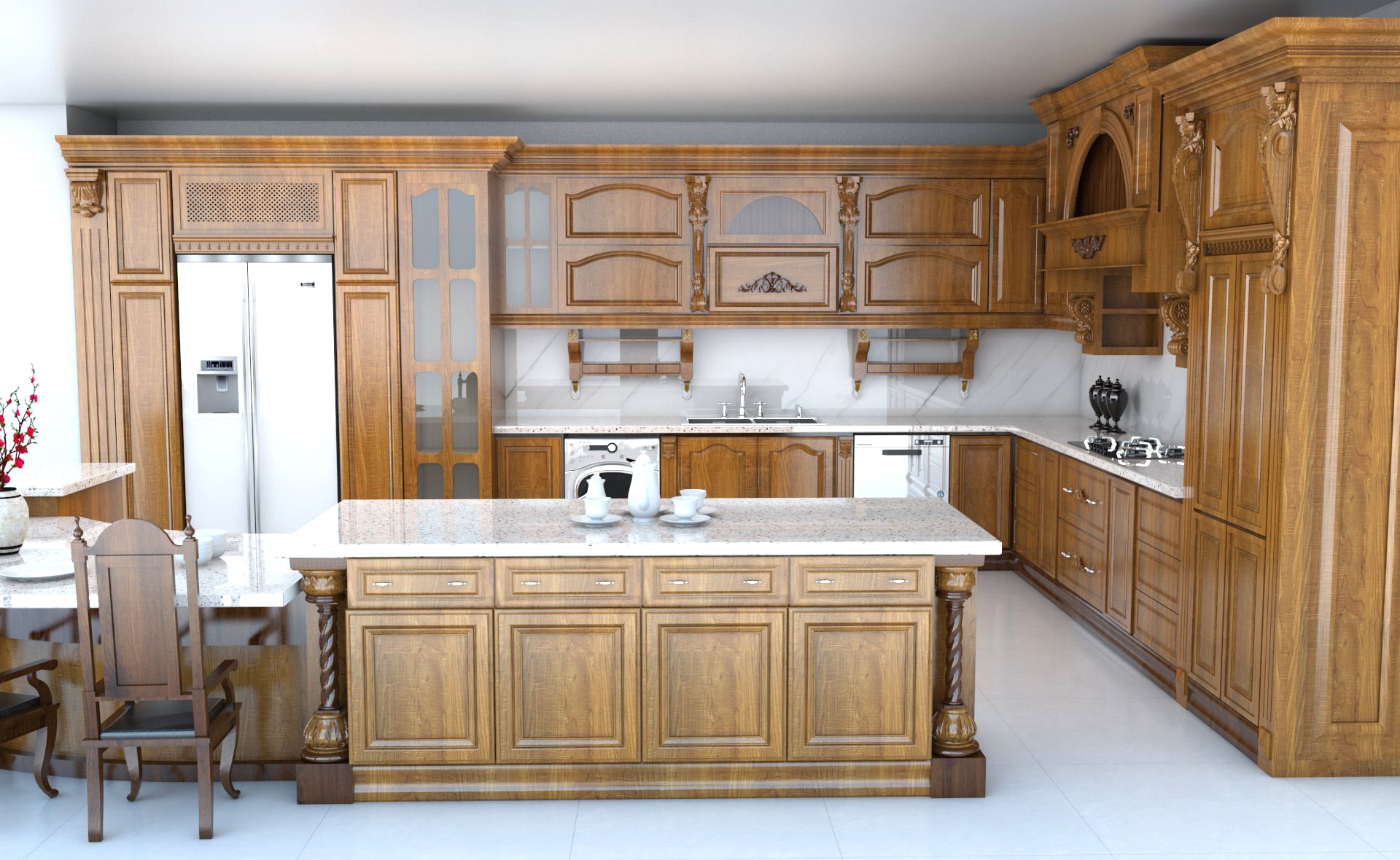 کابینت کلاسیک ال شکل آشپزخانه بزرگ